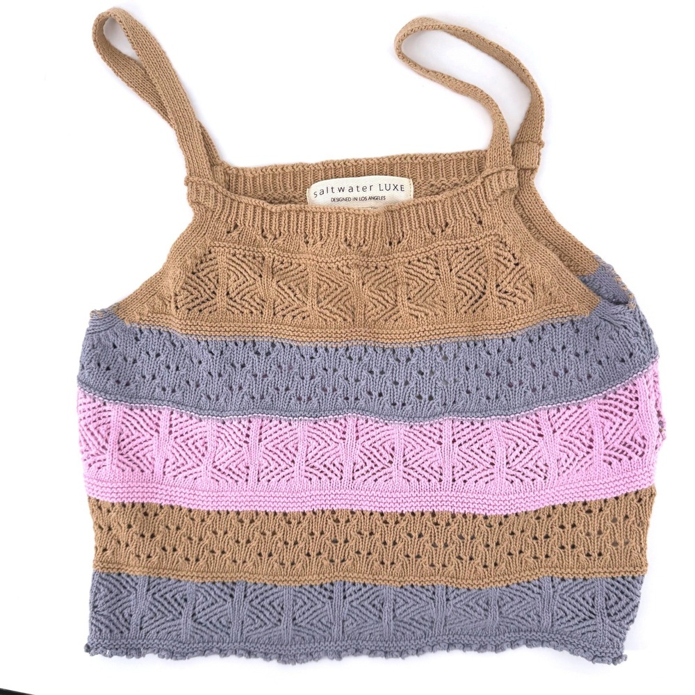 Saltwater Luxe Sweater Knit Tank Top Medium Tan Pink Gray Colorblock Pointelle